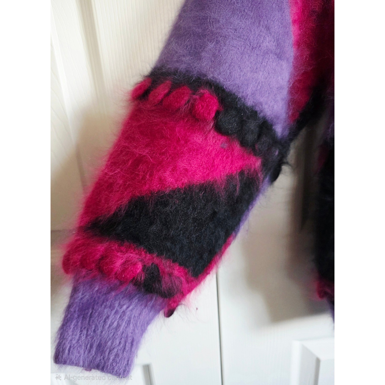 Vintage 80s L Angora Lambswool Abstract Colorblock Fuzzy Sweater Purple Pink