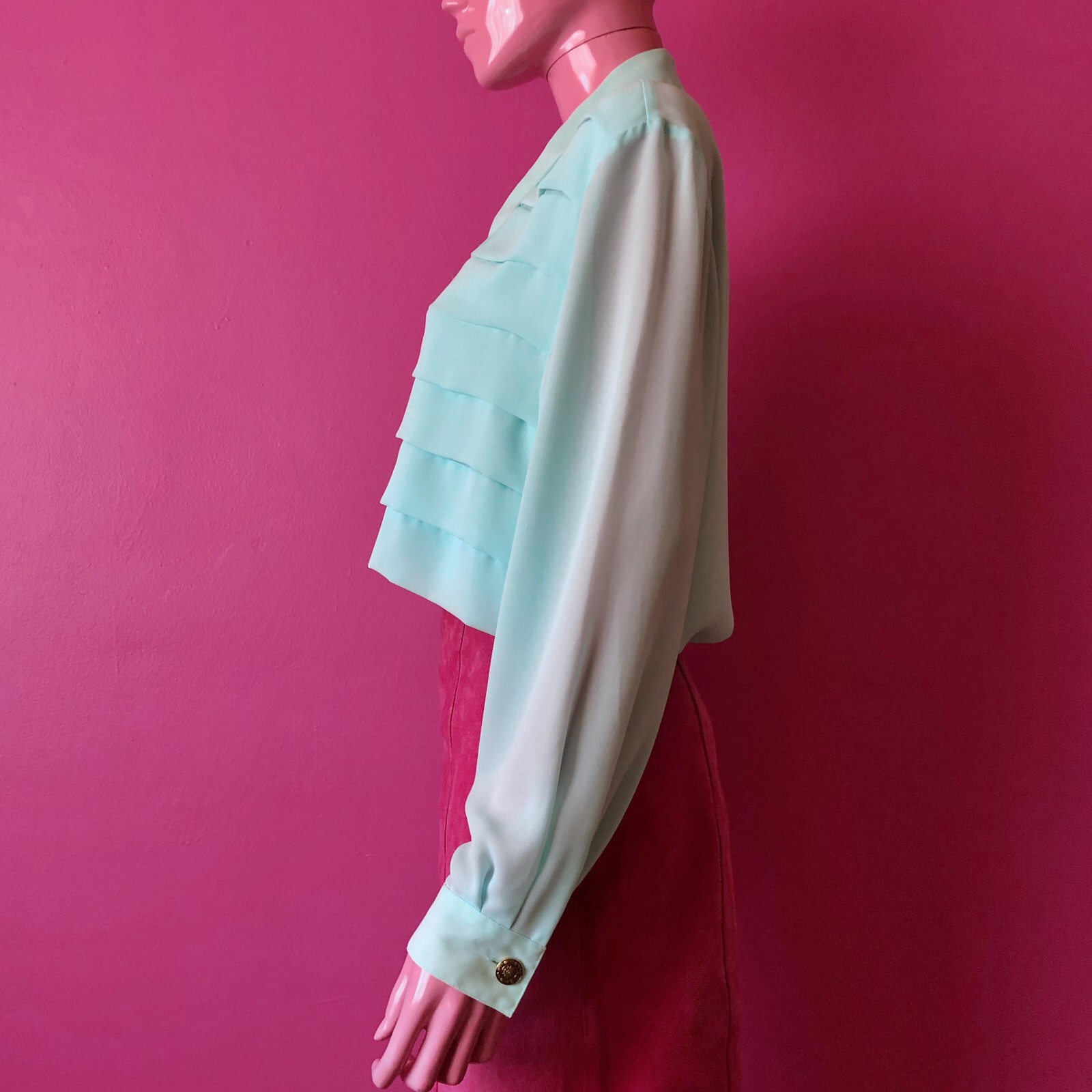 Vintage 80s M/L Chiffon Blouse Aqua Pastel Bill Blass Pleat Gold Button Down Top