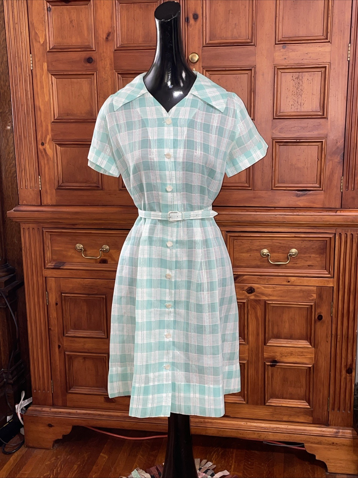 Vtg 50s Green Sheer Plaid Spring Summer House Day Dress Button Front w/Belt