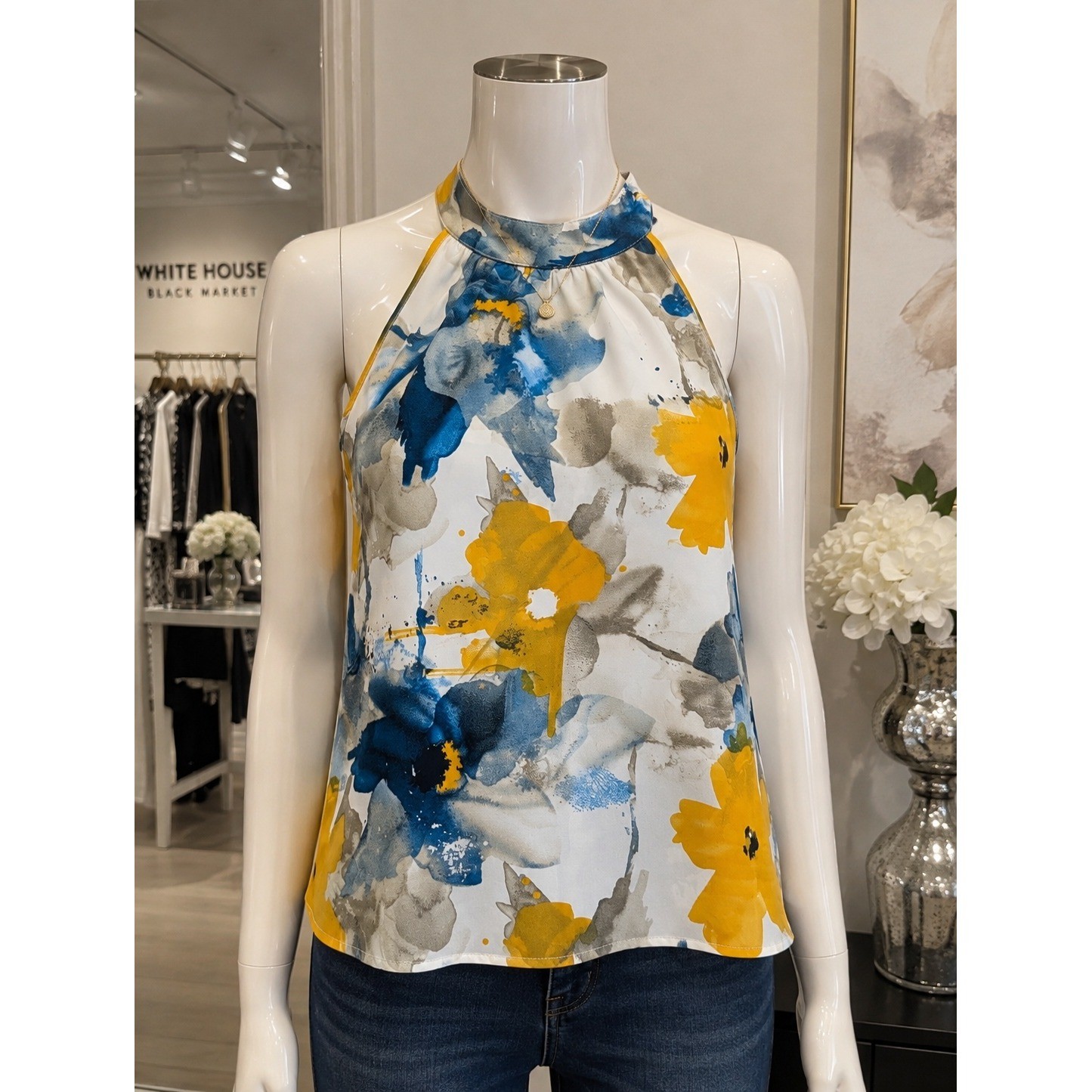 Watercolor Floral Halter Top Blue Yellow Abstract Print Women’s Small