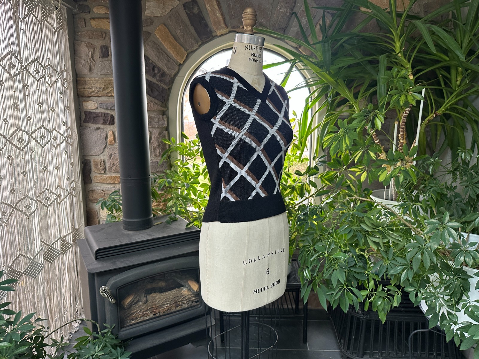 Vintage 1970s Black Brown White Diamond V Neck Sweater Vest Allison’s Closet