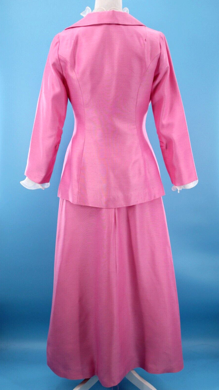 Vtg Women’s 60s 2 Pc Pink & White Ruffle Front Maxi Dress W/ Jacket XS/S 1960s