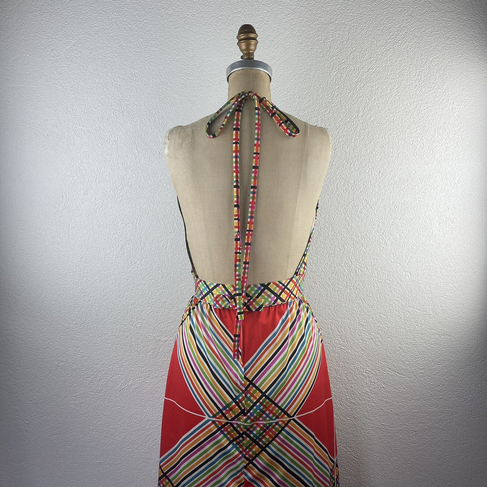 Vintage l 70s S Claire Larabee Colorful Rainbow Plaid Striped Halter Maxi Dress