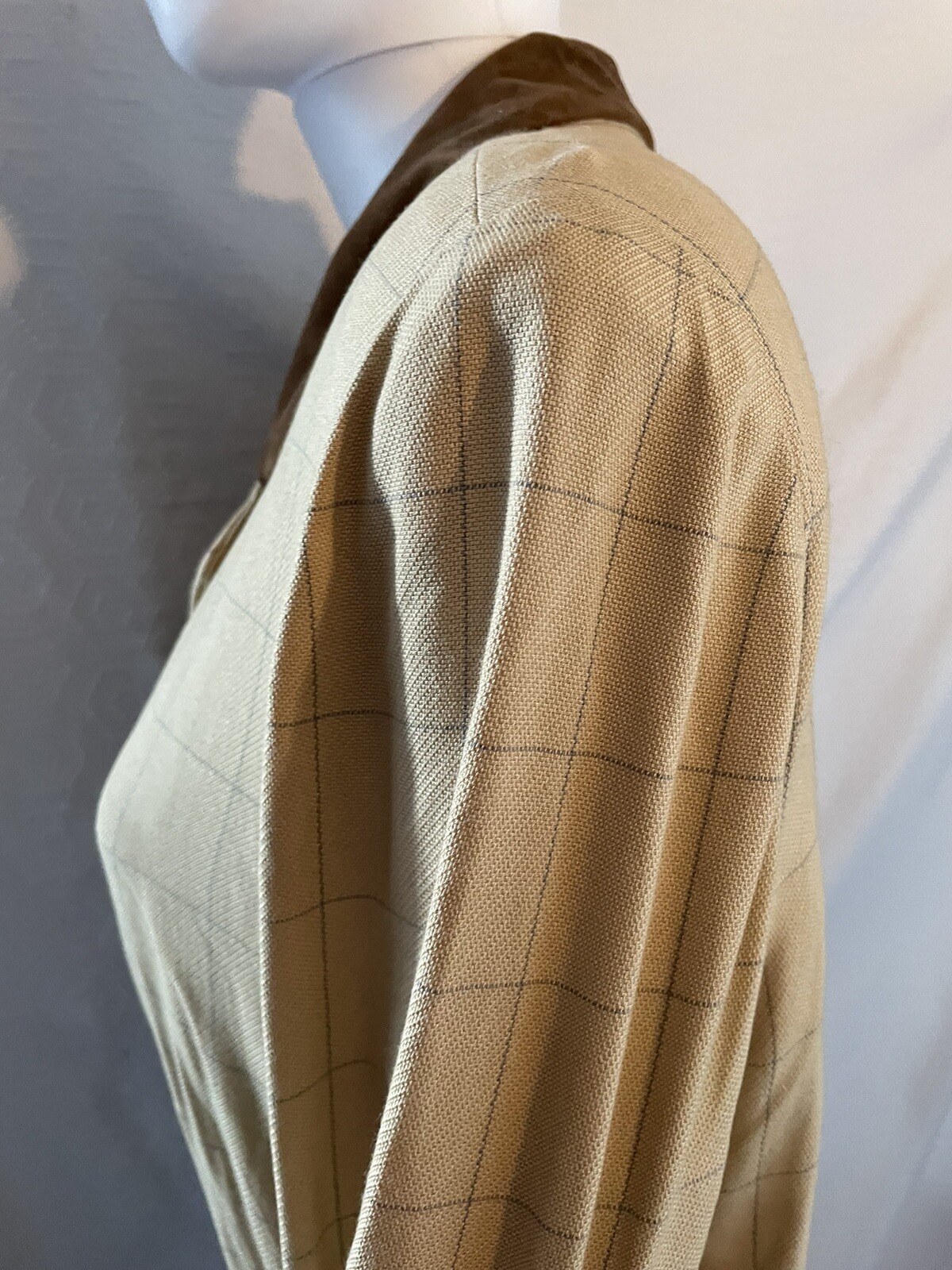 Vtg 80s Robert Riel Collection Coat Dress M-L? Beige Windowpane Faux Suede Trim
