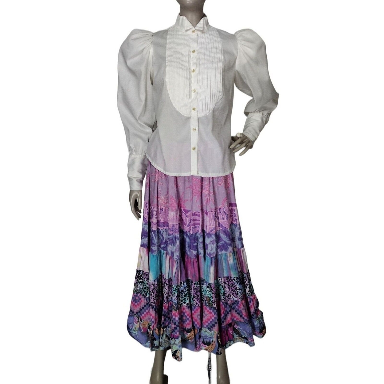 VTG 70s Anna Konya Cottagecore Floral Tiered Prairie Boho Lace Full Circle Skirt