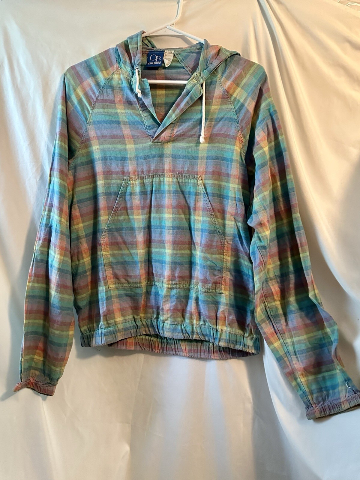 Vintage Ocean Pacific Plaid Hooded Pullover Top 1980s Size Medium Sunwear Retro