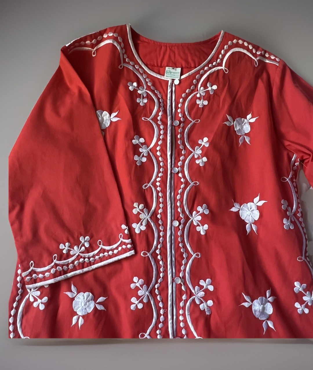 VTG Caro Of Honolulu Dress Red White Embroidered Buttons Down Front 1970’s Sz 12