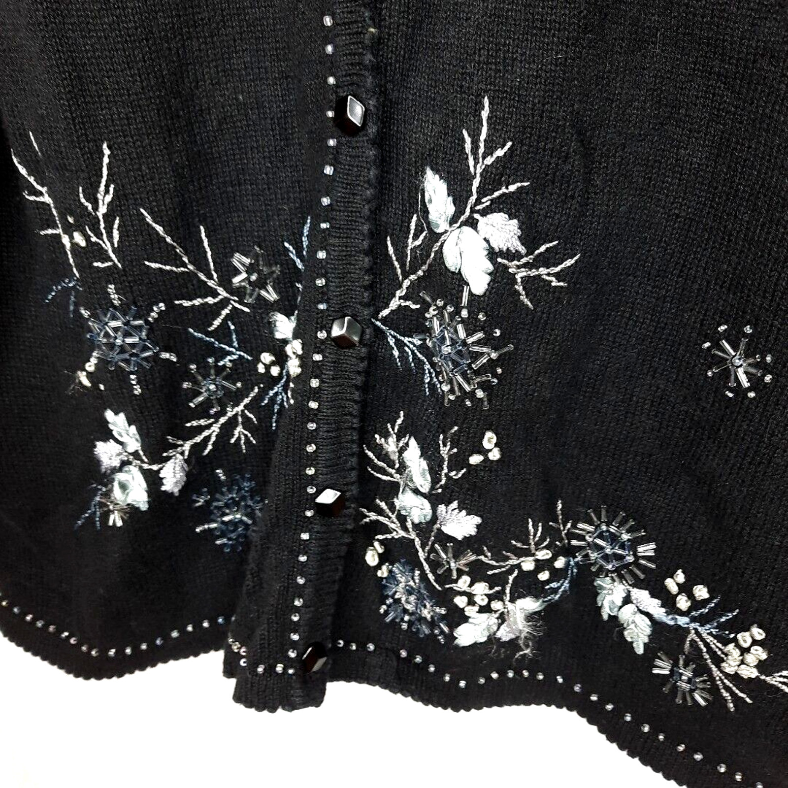 Stitches in Time Snowflake Beaded Embroidered Cardigan Sweater Large Black White