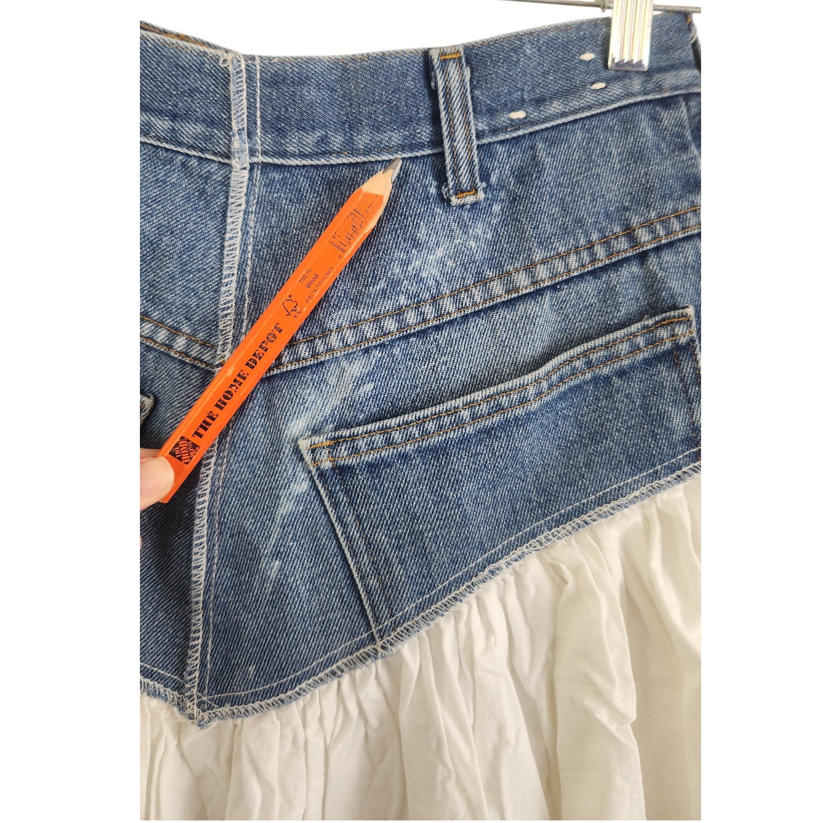 Vintage 70s Denim Short White Cotton Midi Skirt Small / 28″ Festival Boho Cntry