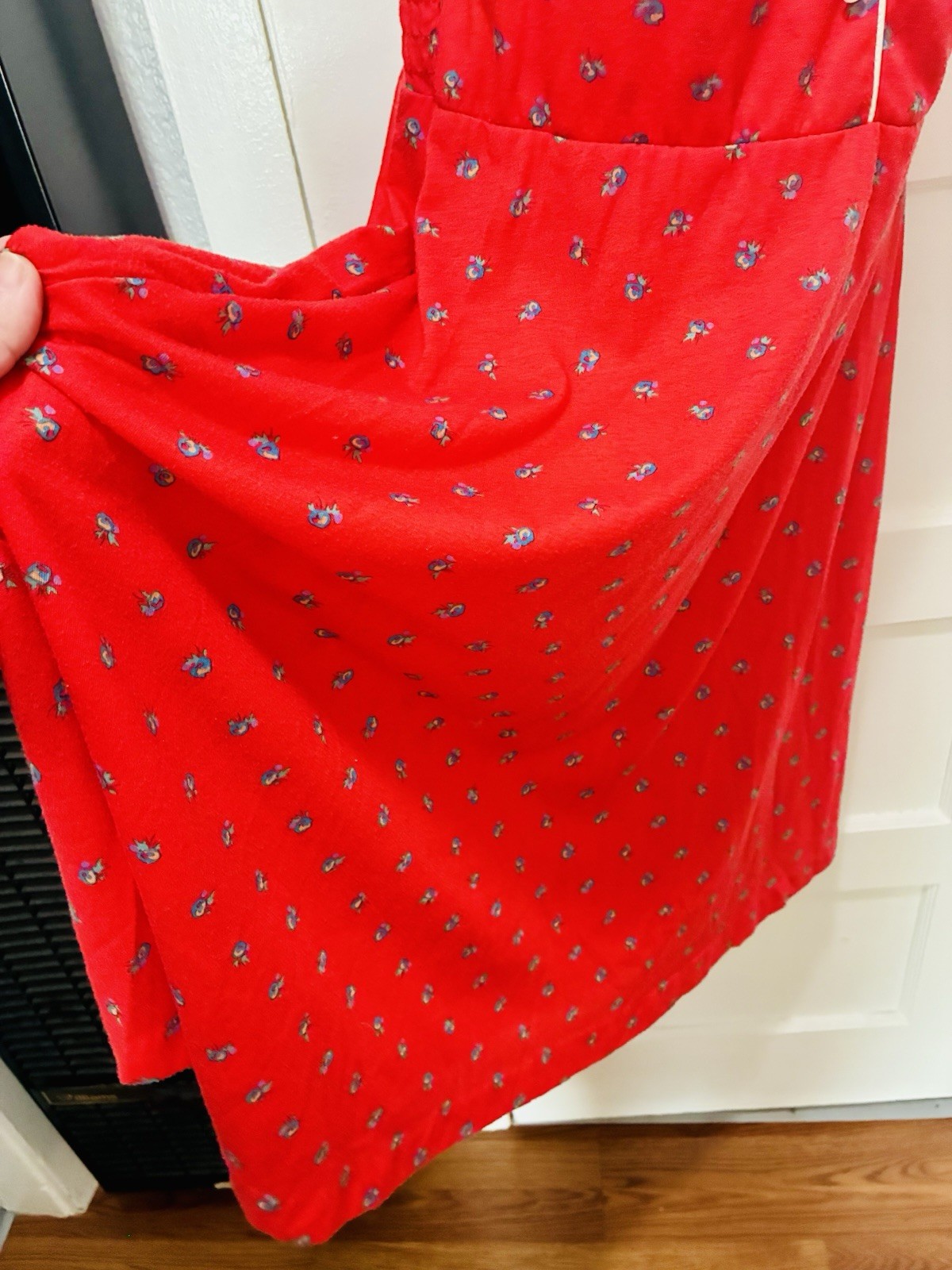 VTG 70s Tomato Red Prairie Cottage Core Hippie Festival Folk JerseySun Dress M L