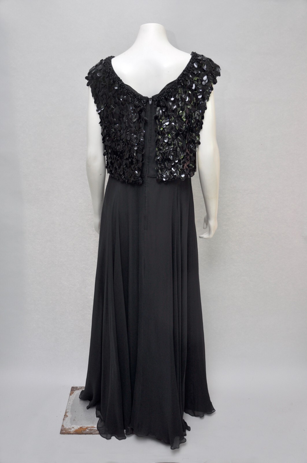 Vintage 1960s Black Silk Chiffon Party Maxi Dress w/ Paillette & Beading Formal