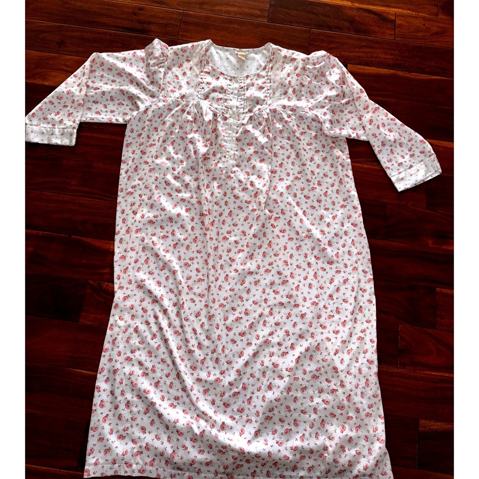 Barbizon Nightgown Womens 3X White Pink Good Vintage Floral Cuddleskin Lace L/S