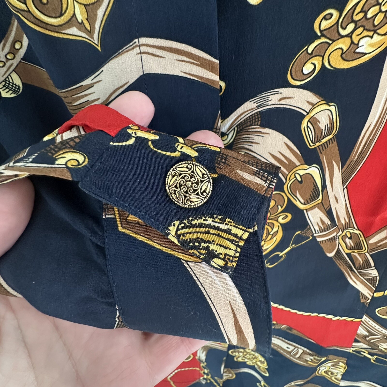Vtg Stephanie Andrews 100% Silk Button Dwn Blouse XS Navy L/S Corpcore Old Money