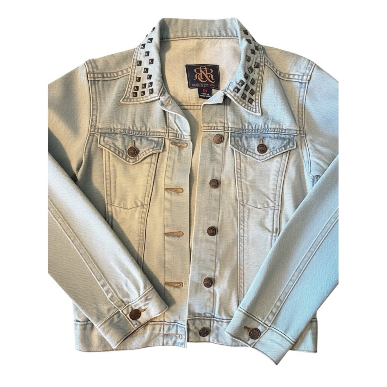 ♾️Y2K Studded Light Wash Oversized Denim Biker Jacket XS Fall Layering♾️