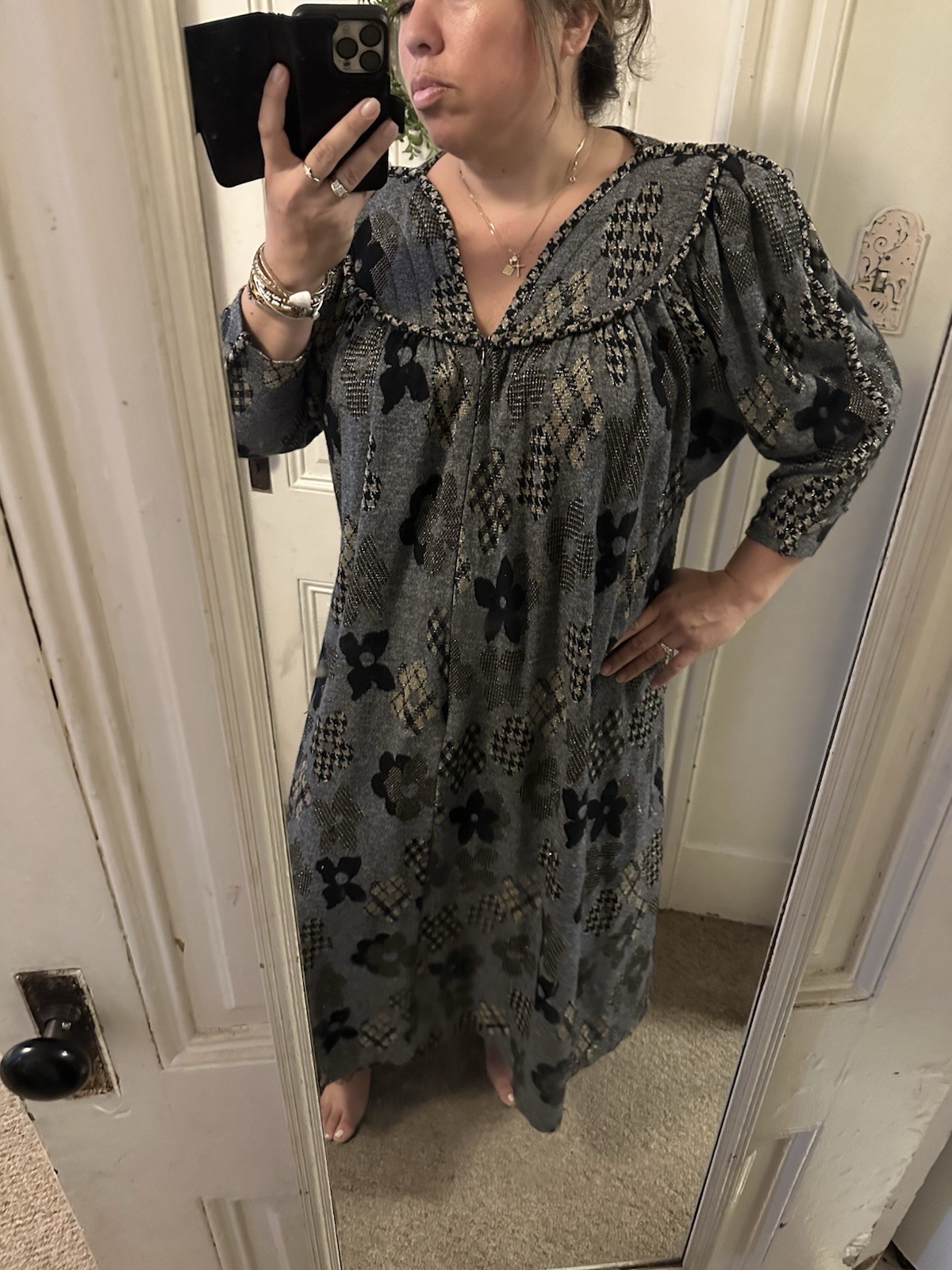 Stunning David Brown, 1970s metallic balloon sleeve houndstooth flower dress