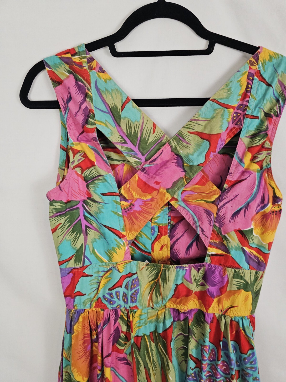 90s Vintage Dress Peek Hole Back Tropical Print Button Front Flare Pockets M