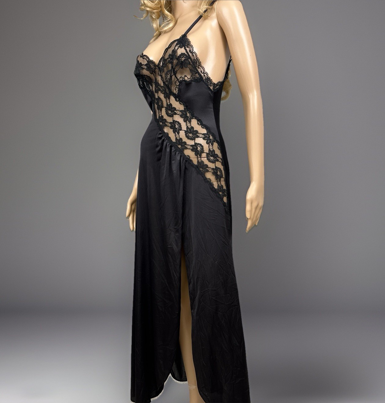 Vintage Jessica Lynn Black Nylon Nightgown XS Lace Low Back Goth Glamour USA