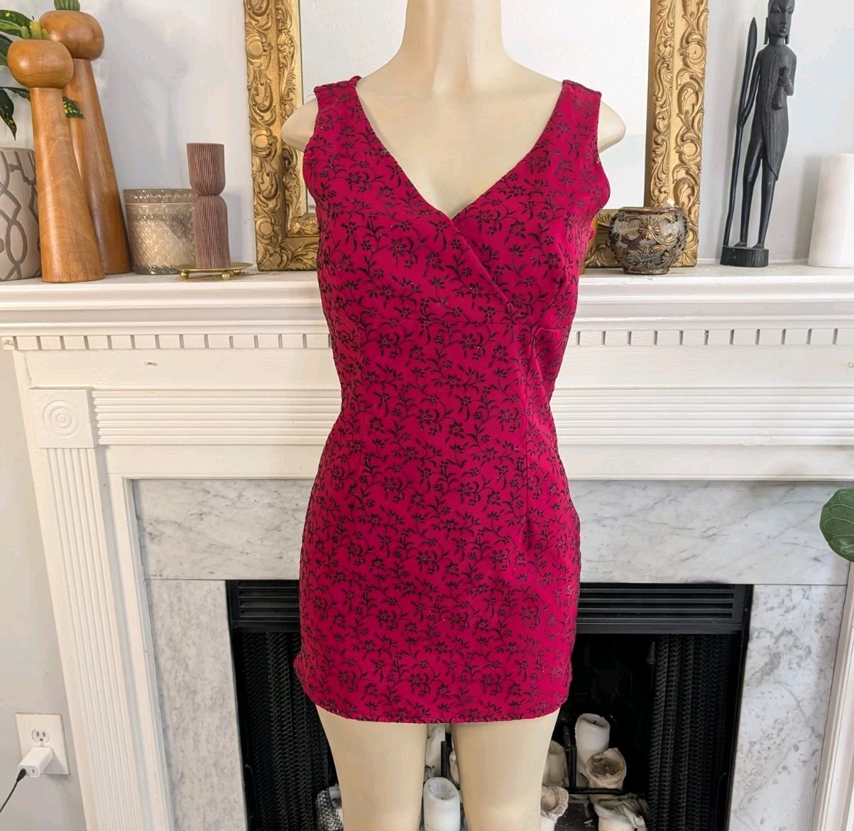 Vintage 80s Red Black Faux Wrap Mini Dress Size S Floral Flocked Silver Glitter
