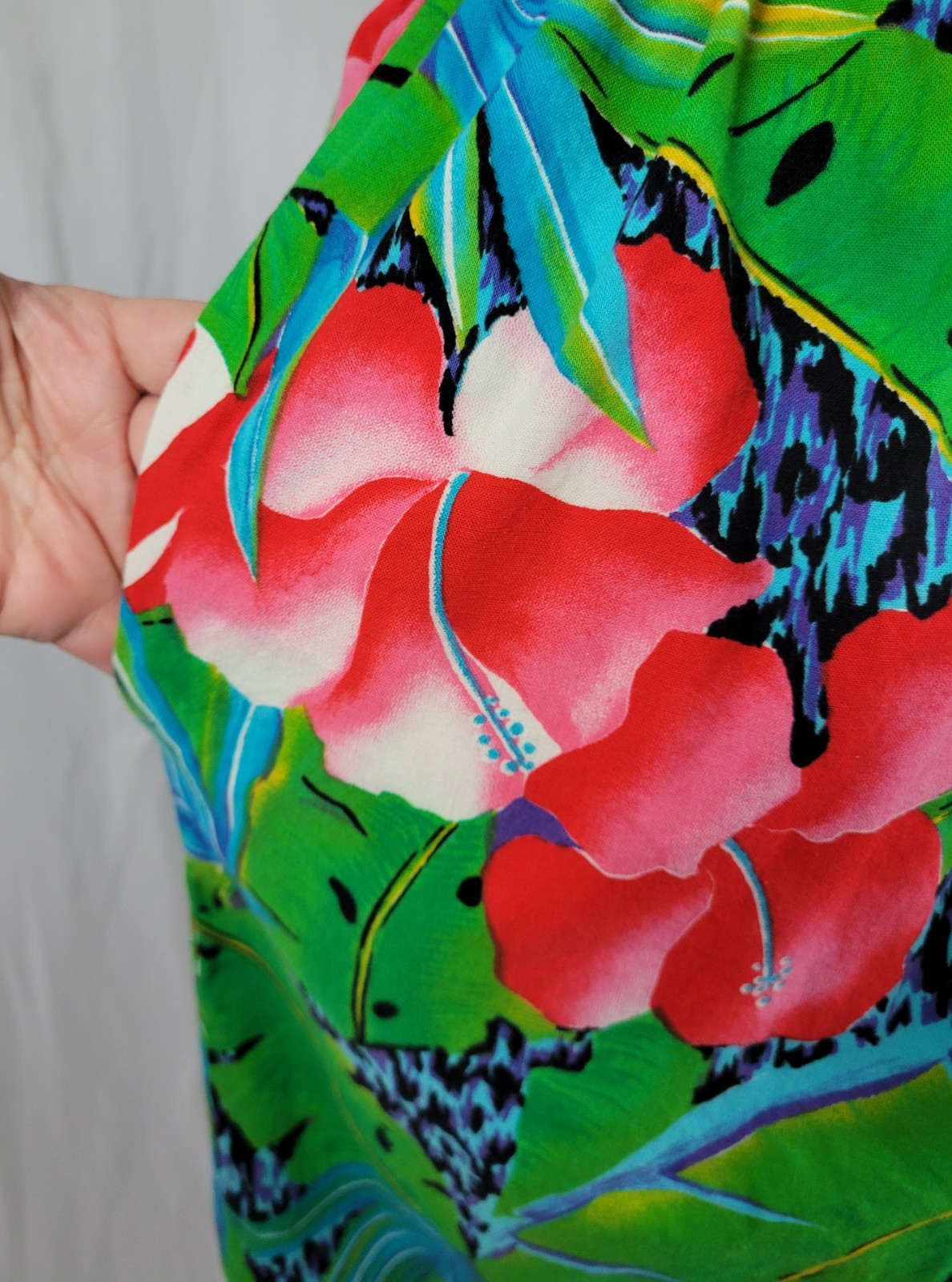 Vtg Green/Red/Blue Tropical Print Wrap Bodice Dress w Elastic Waist Size Med?