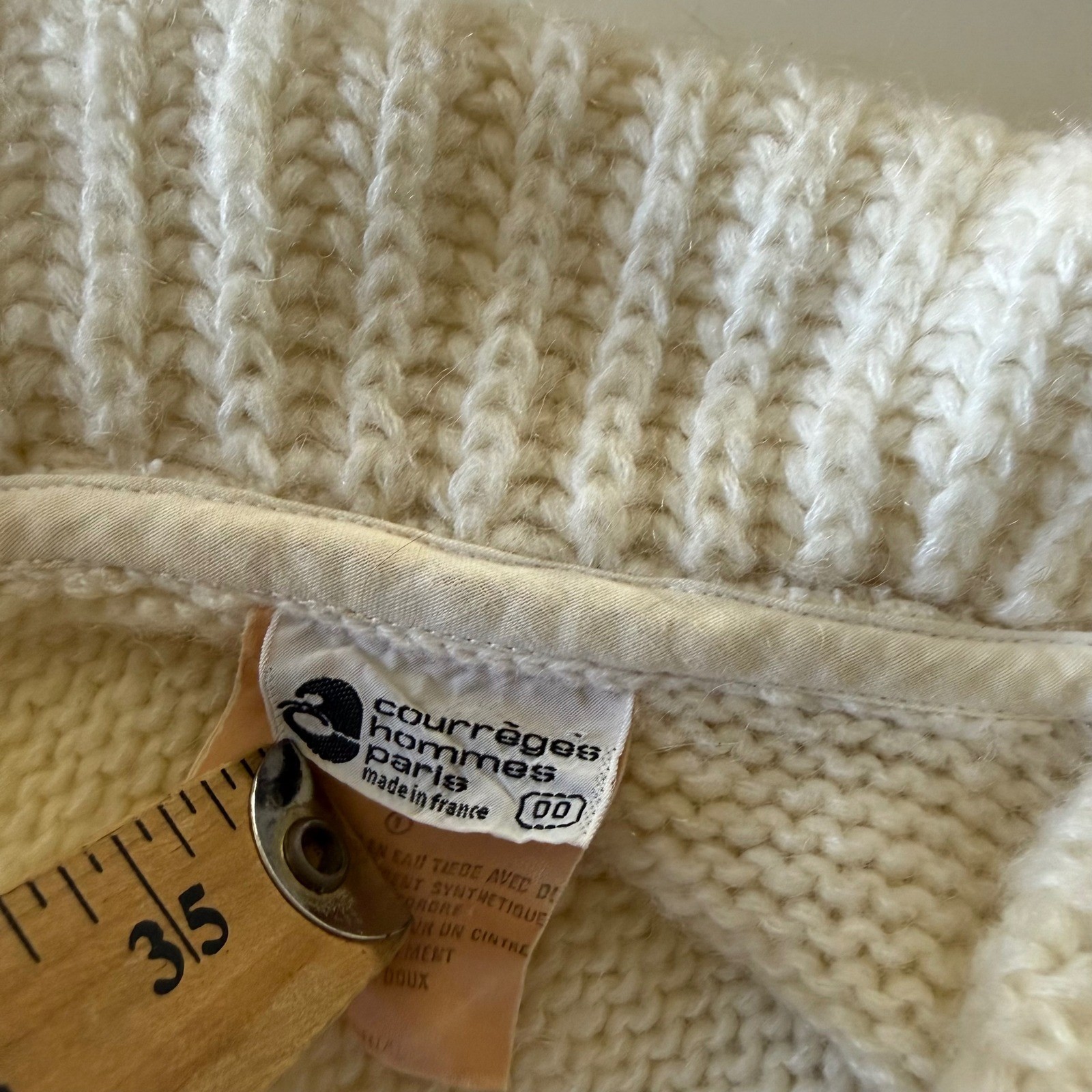 Courreges Hommes Paris Vintage Cream Shawl Collar Knit Sweater Made in France 1