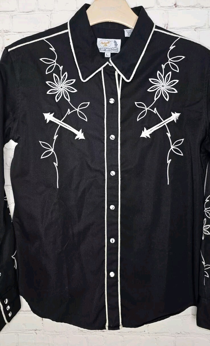 Panhandle Slim Western Pearl Snap Embroidery Black Shirt Rodeo Women Sz L USA