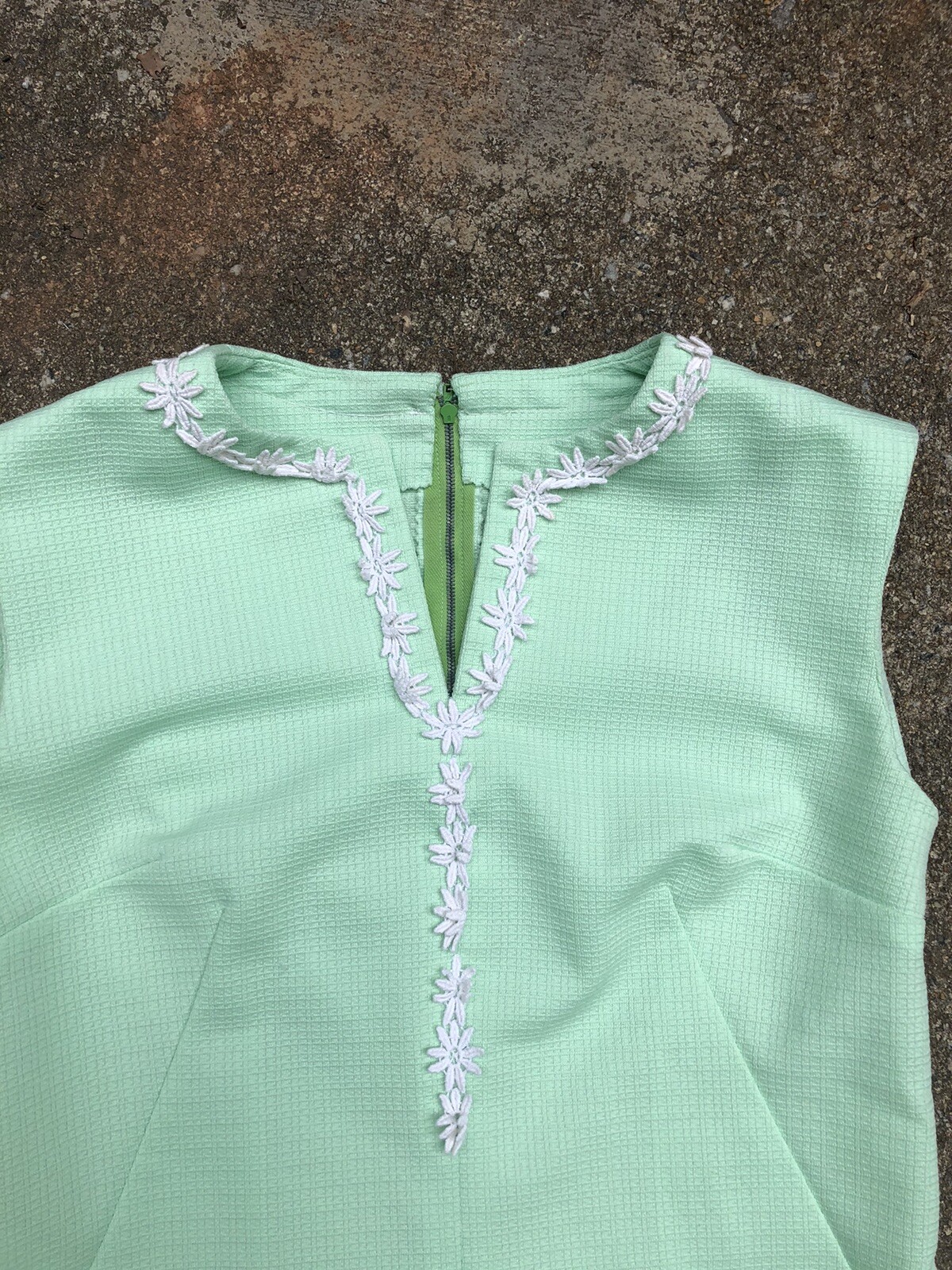 VTG 70s Mint Green Waffle Texture Polyester Sleeveless Floral Lace Maxi Dress~XS