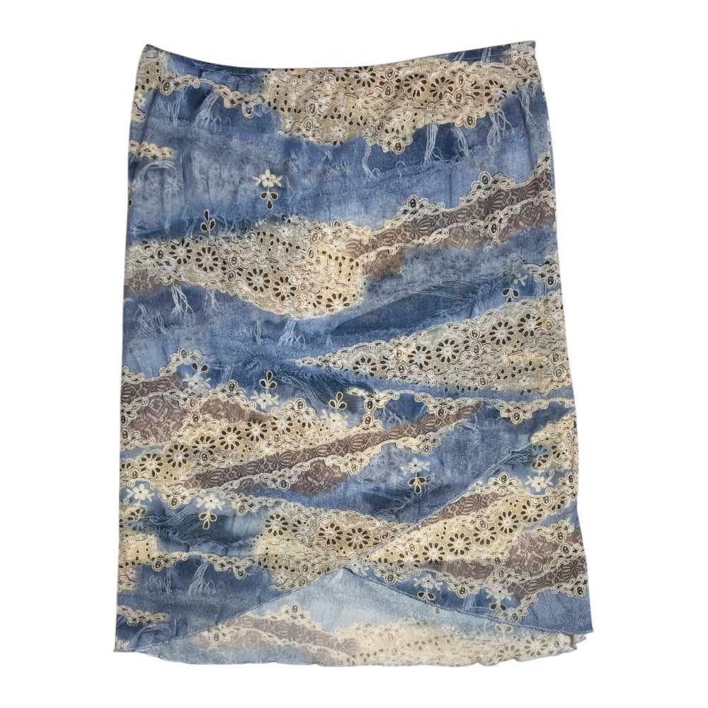 Y2K Mind Games Cream And Blue Floral Denim Print Mesh Skirt Sz L
