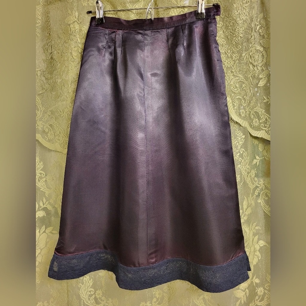 Vintage Satin A-Line Skirt with Lace Hem – Deep Plum Midi Skirt