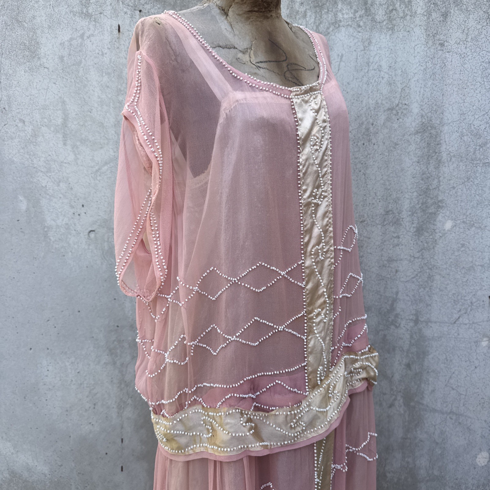Antique 1920s Pink Silk Chiffon Dress Beaded Waves Oppenheim Collins Vintage