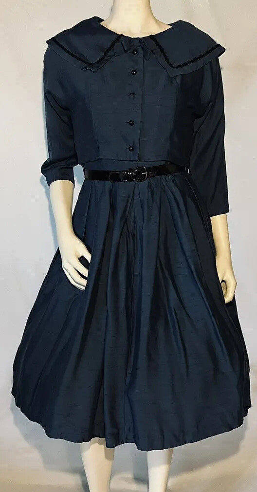 Vintage 1950s Blue Cotton Linen A-Line Full Skirt Day Dress Patent Belt Bolero S