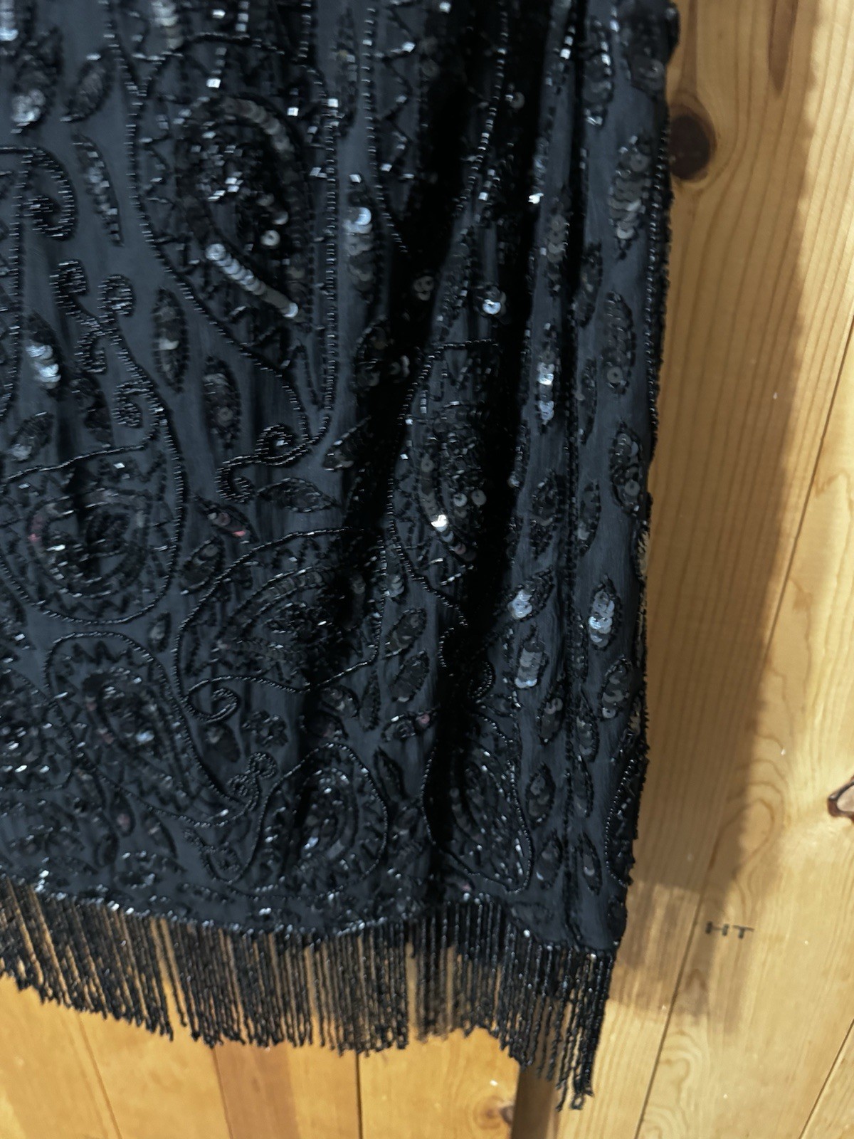 Mid 1990’s Black Tan Chho Sequinned & Beaded Dress with Fringe 2X BUST 44-48”
