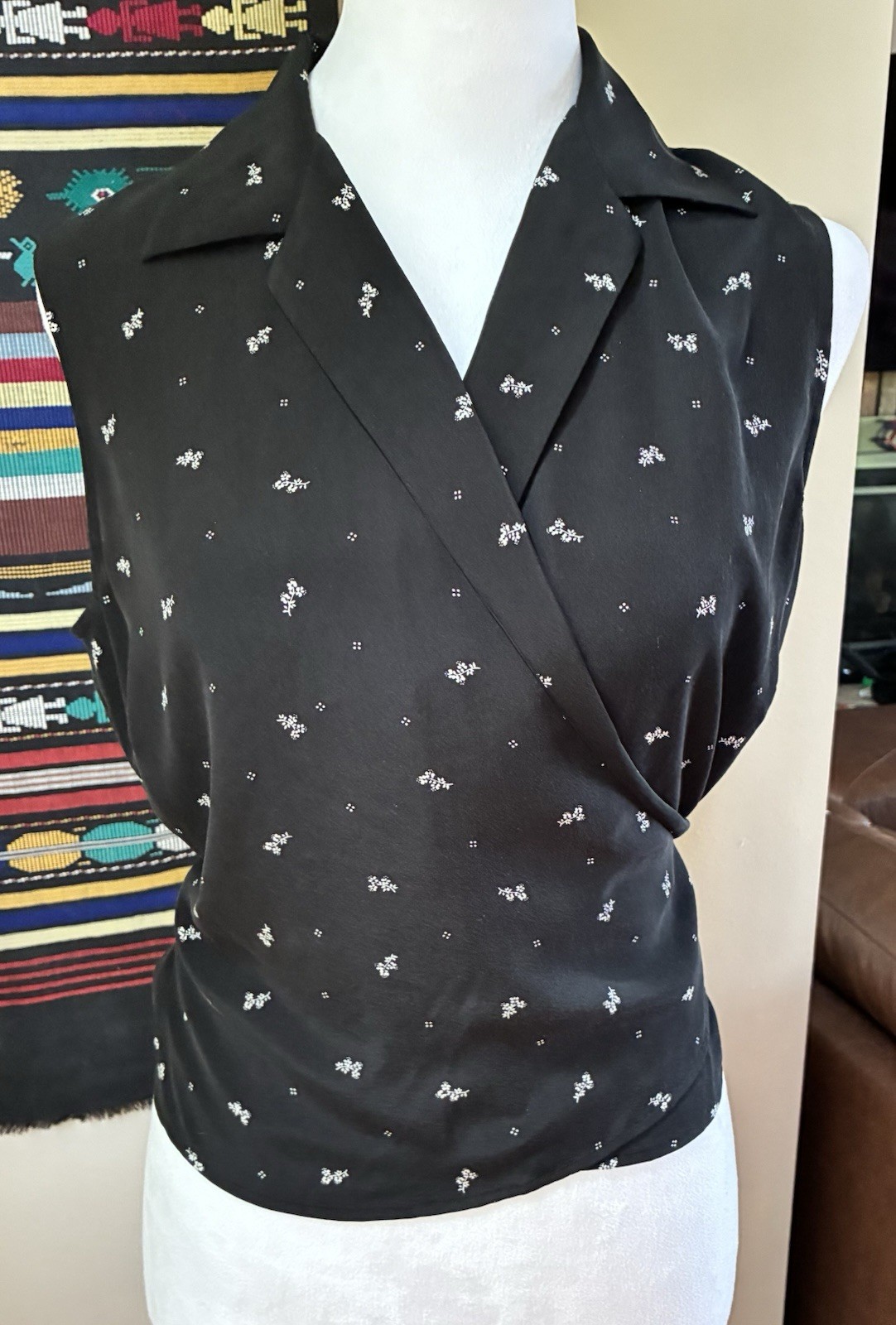 Vintage 90s Y2K Black Silk Collared Sleeveless Wrap Tie Shirt Blouse Career L