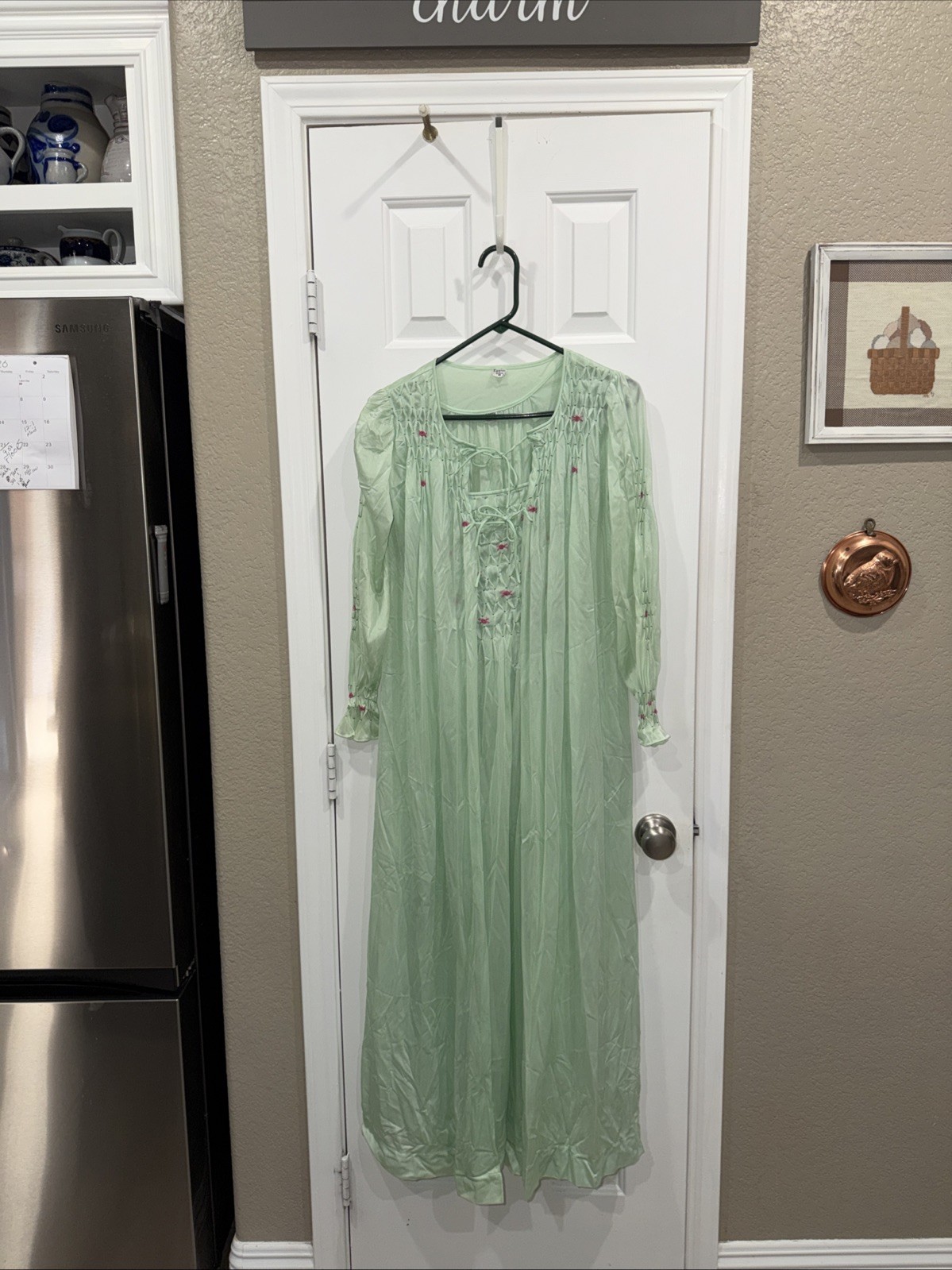 Vintage Eppie Original Mint Green Smocked Nightgown Sheer Boudoir Gown