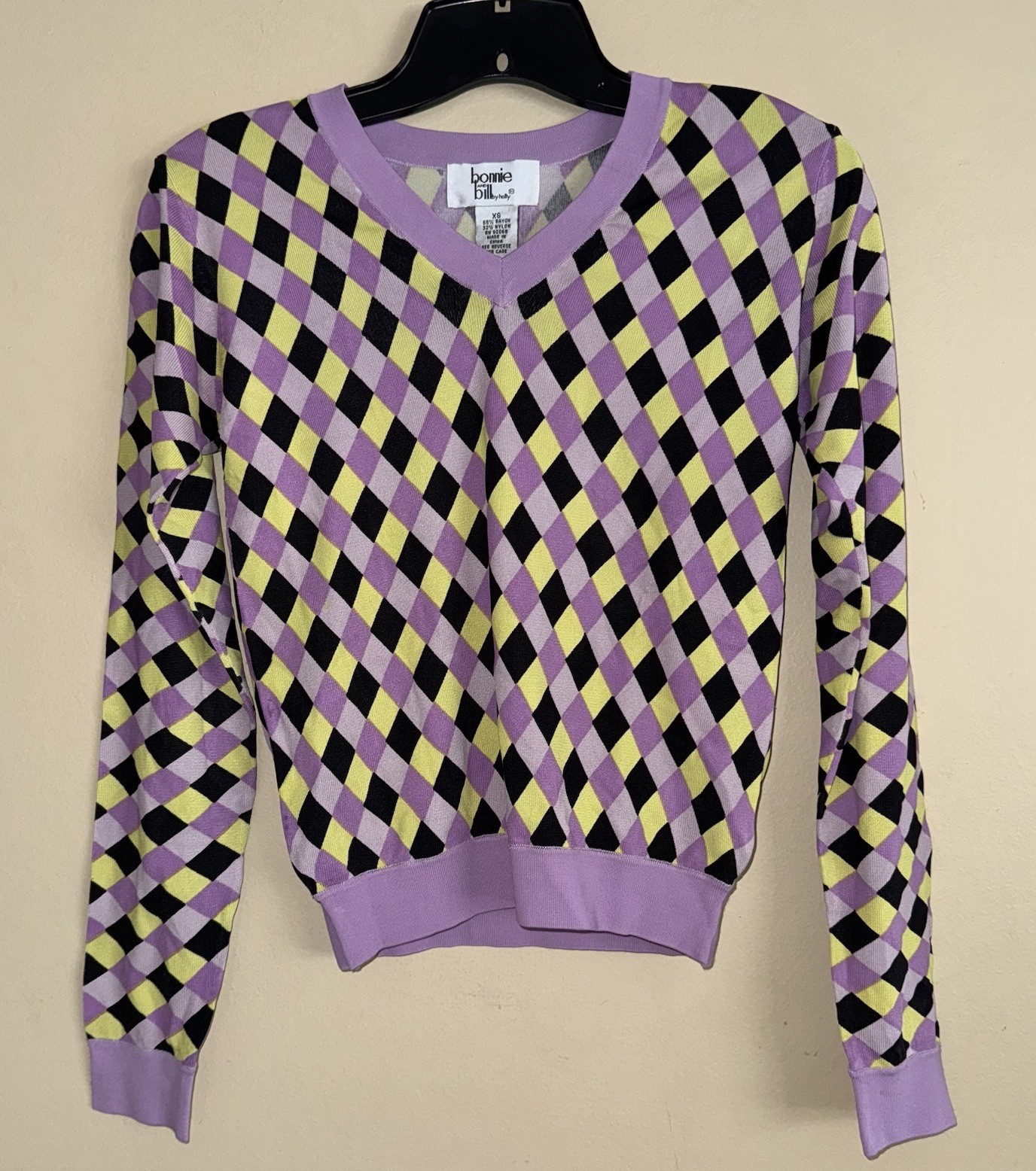 VTG Sweater Preppy Argyle Geometric Nylon V Neck XS NWT Clueless Purple