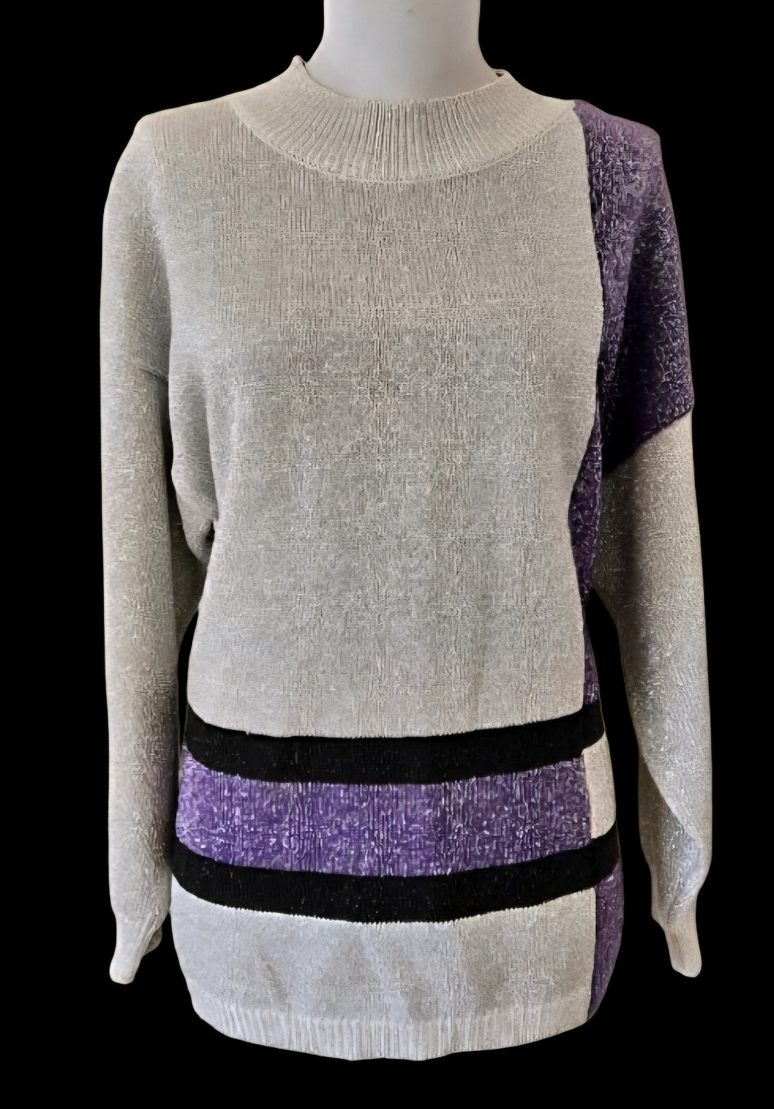 1980s SHENANIGANS Metallic Silver Black And Purple Color Block Sweater Sz Small