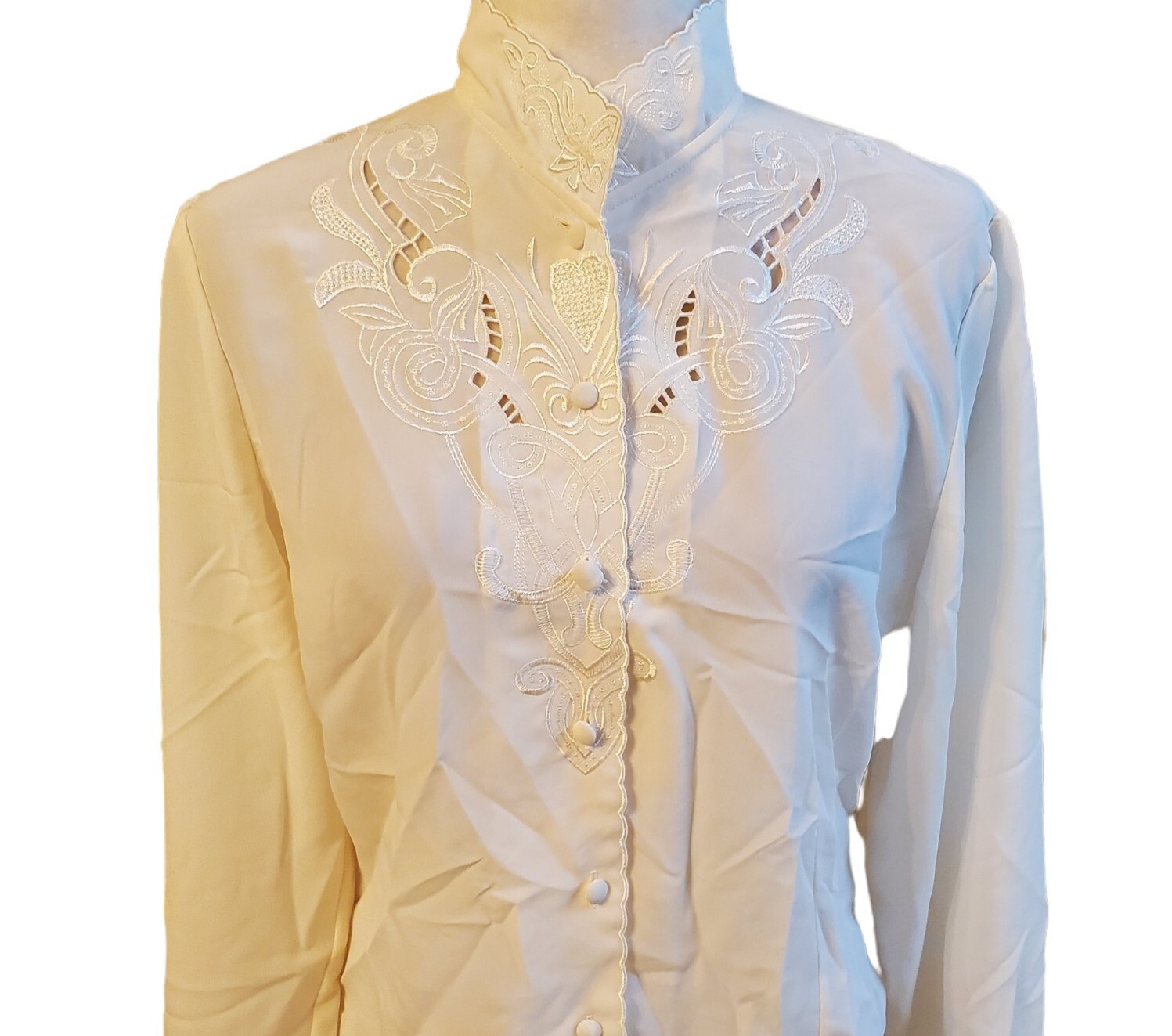 Vintage Claudia Richard Women’s Ivory Polyester Shirt Blouse Embroidered Size 10