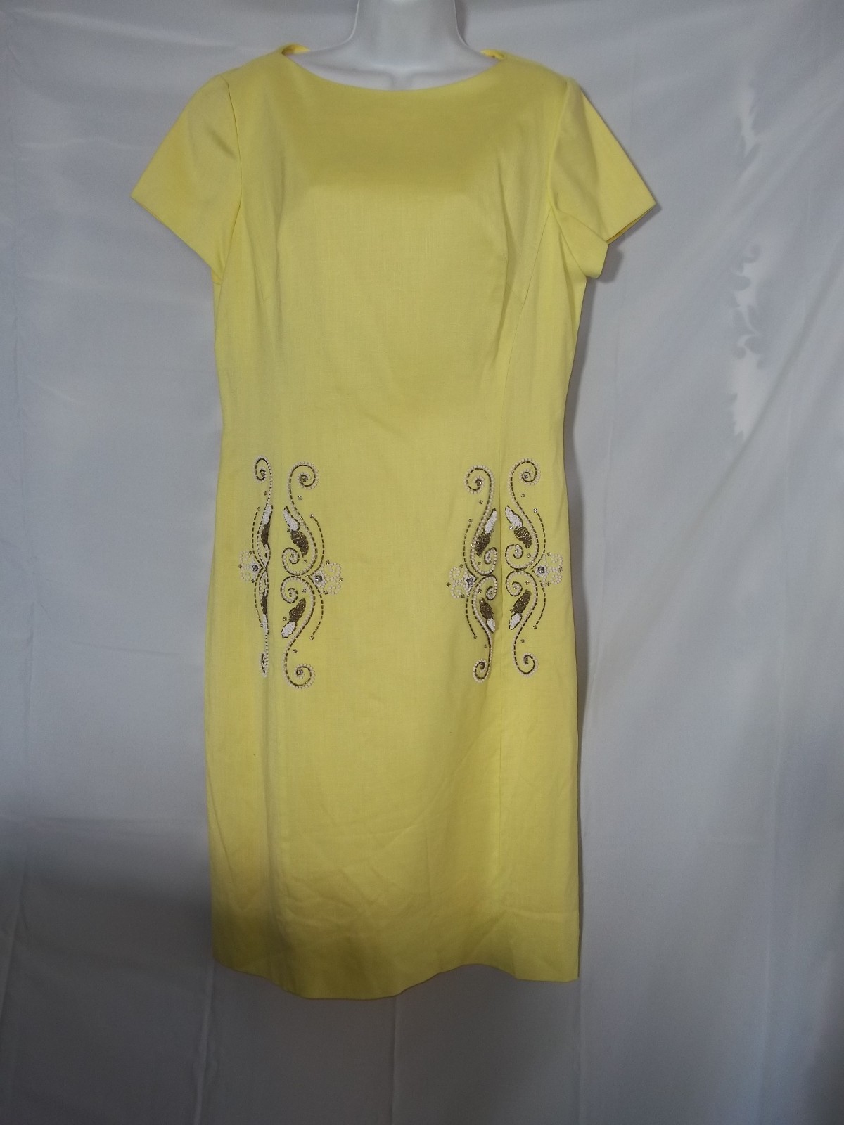 VINTAGE 1950’s NEW LOOK MARION McCOY ORIGINALS Yellow BEADED DRESS Size 16
