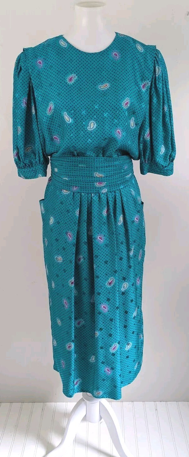 90s Maggy London 100% Silk Day Dress Jewel Tone Teal Classic Old Money Secretary