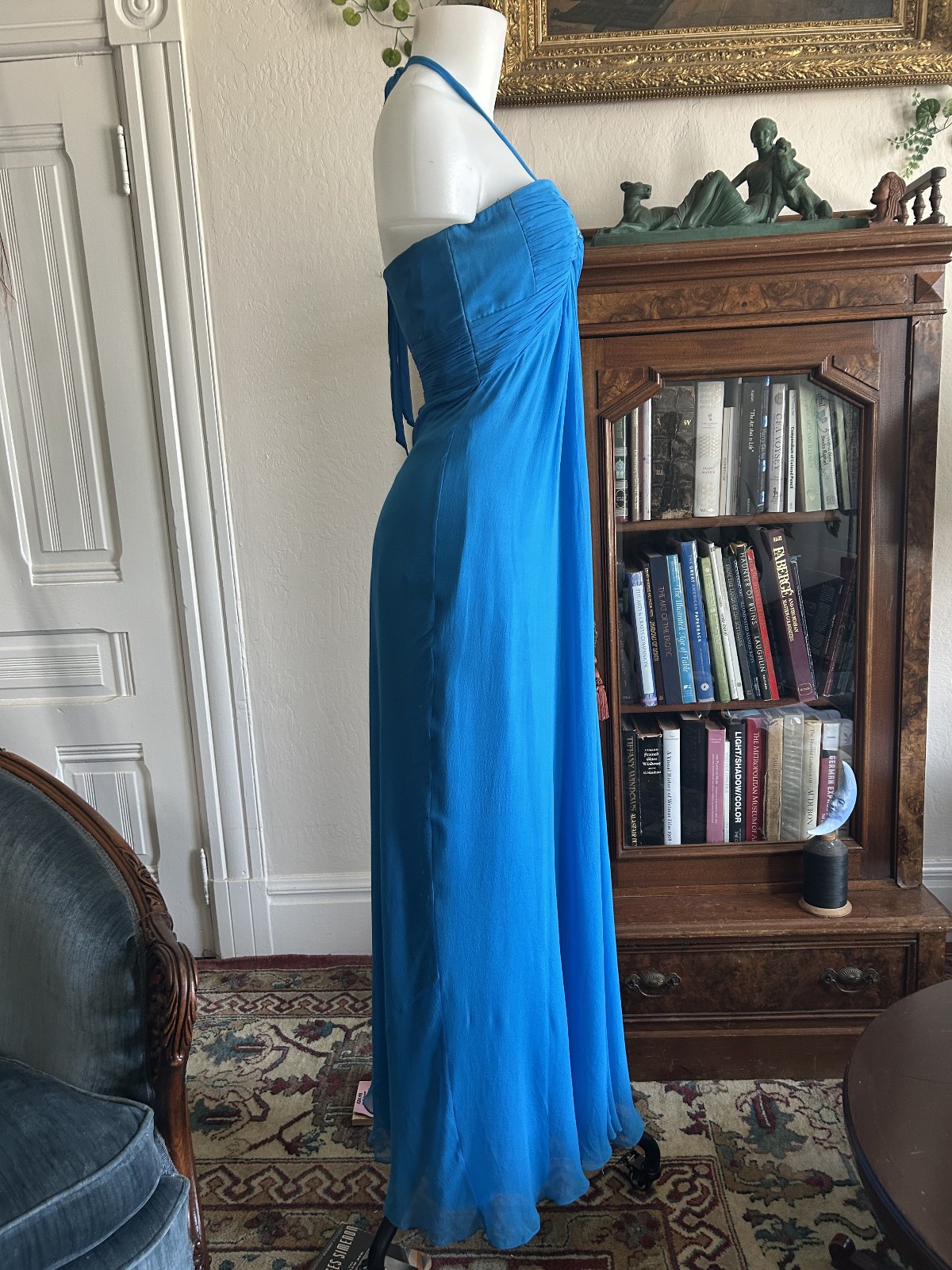 Vintage Y2K Laundry Shelli Segal Aqua Blue Silk Halter Maxi Dress Formal Fairy