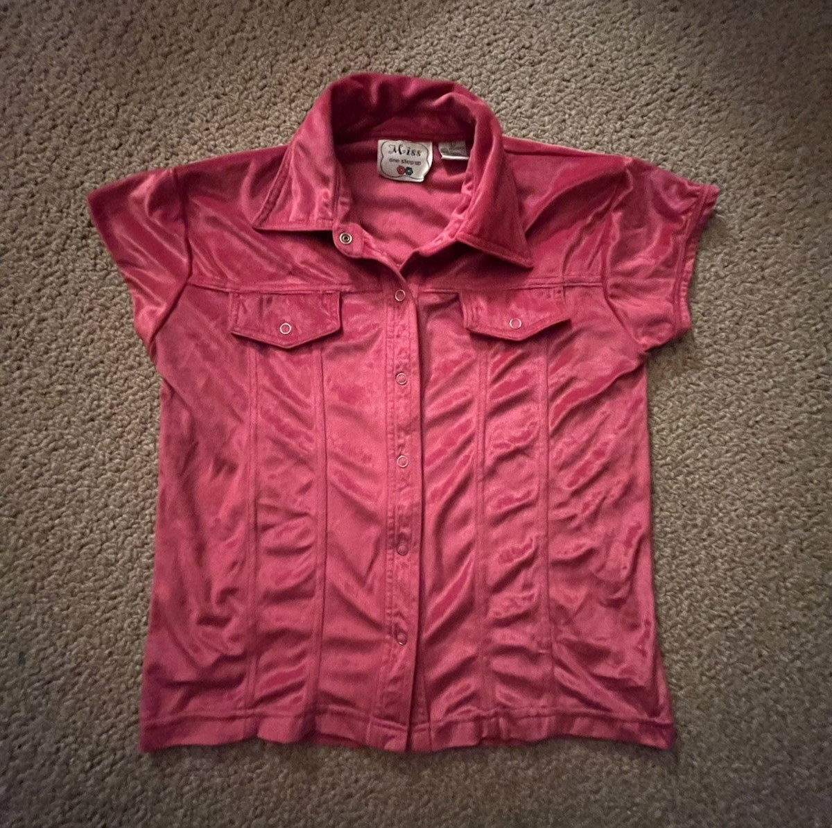 VTG One Step Up Hot Pink Velour Snap Front Top Womens L Y2K