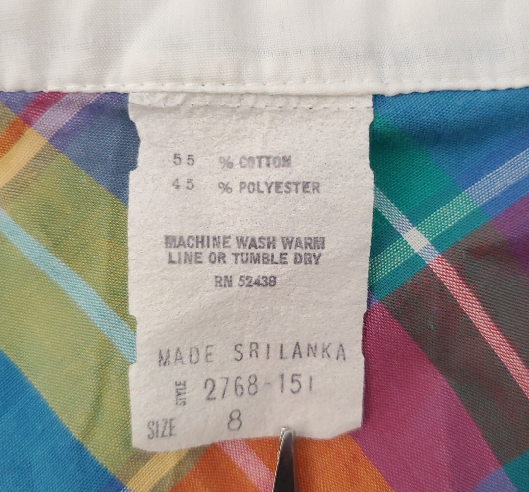 Vintage Halmode Button-Up Shirt Plaid Colorful Size 8 Cotton Blend Machine Wash
