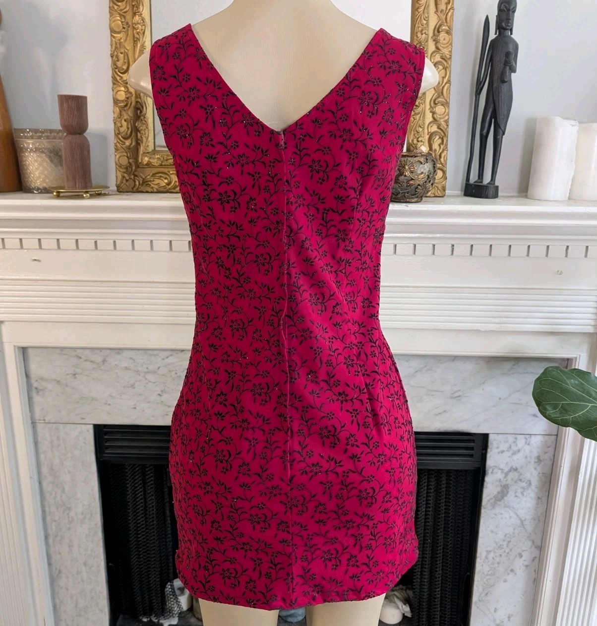 Vintage 80s Red Black Faux Wrap Mini Dress Size S Floral Flocked Silver Glitter