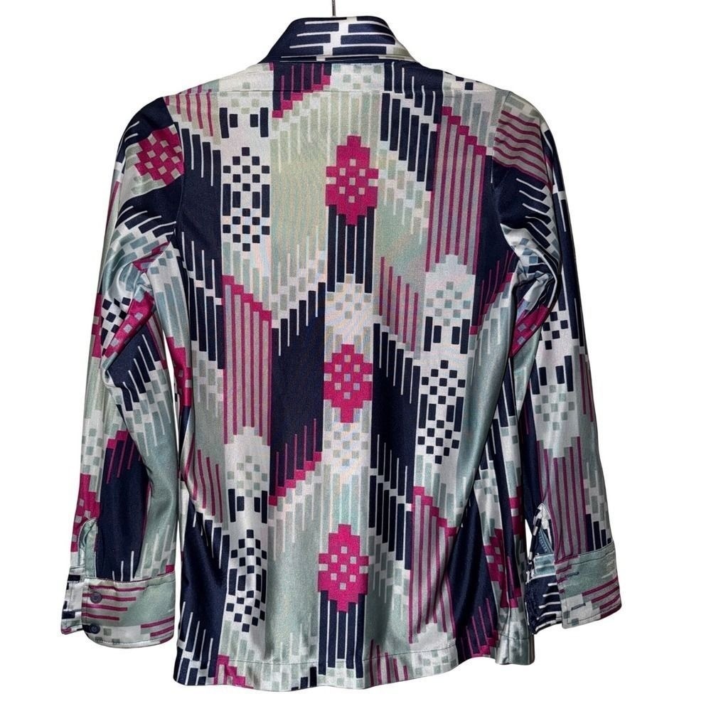 Vintage 70s Geometric Print Button Up Blouse Disco Glam Top Size M