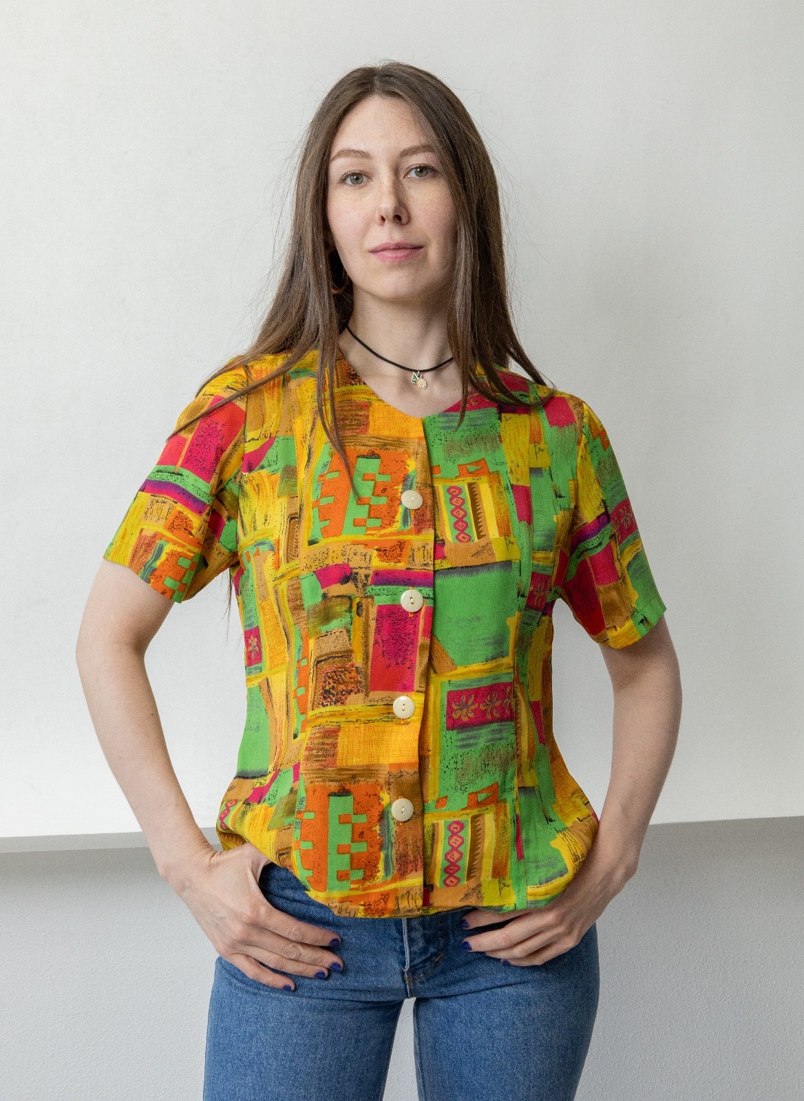 Vintage 90s Abstract Art Print Blouse Green Orange Pink Yellow Maximalist Sz M