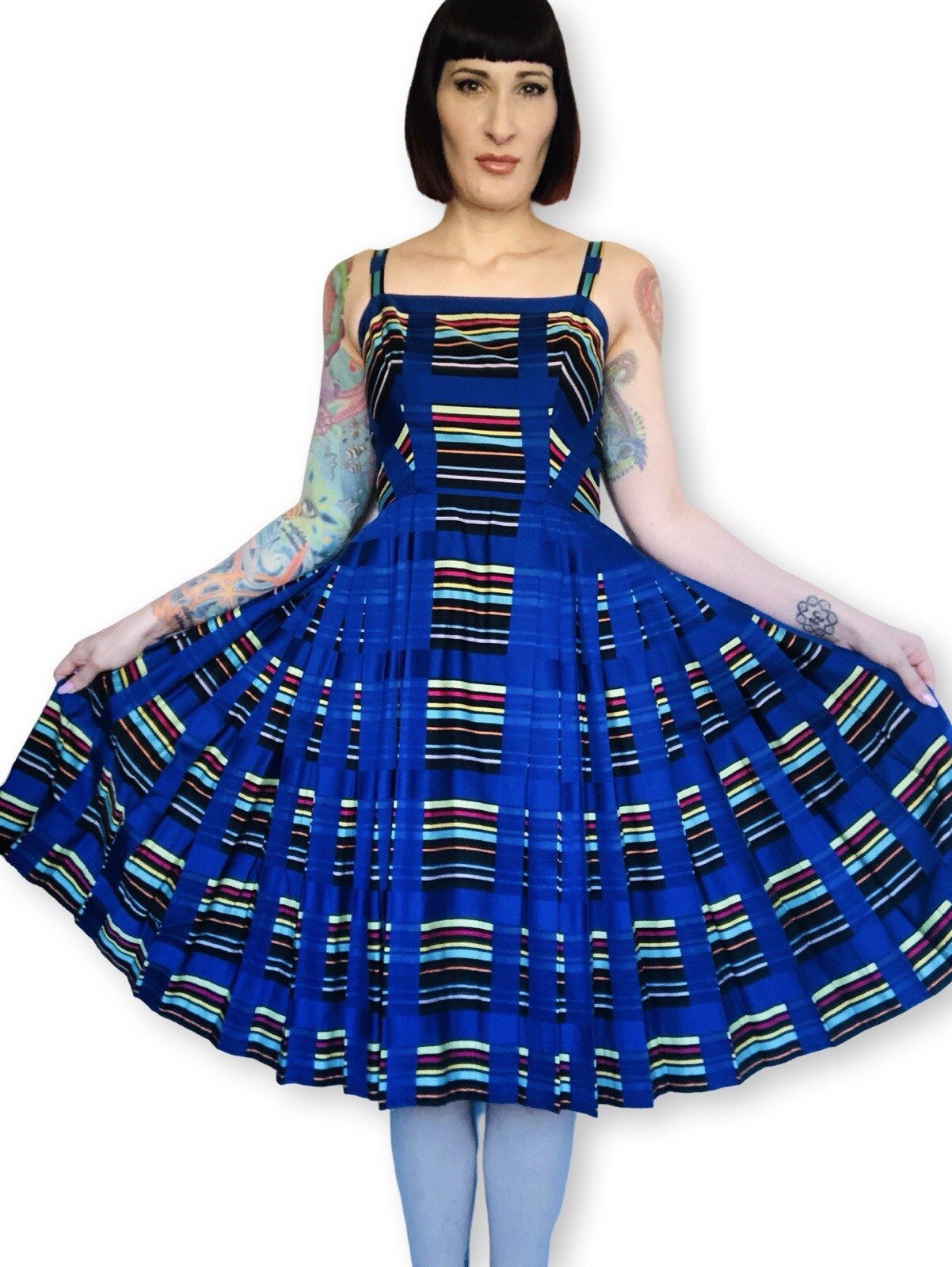 Vintage 1950s 50s Rainbow Striped Blue Cotton Pleated Dress Sundress Small