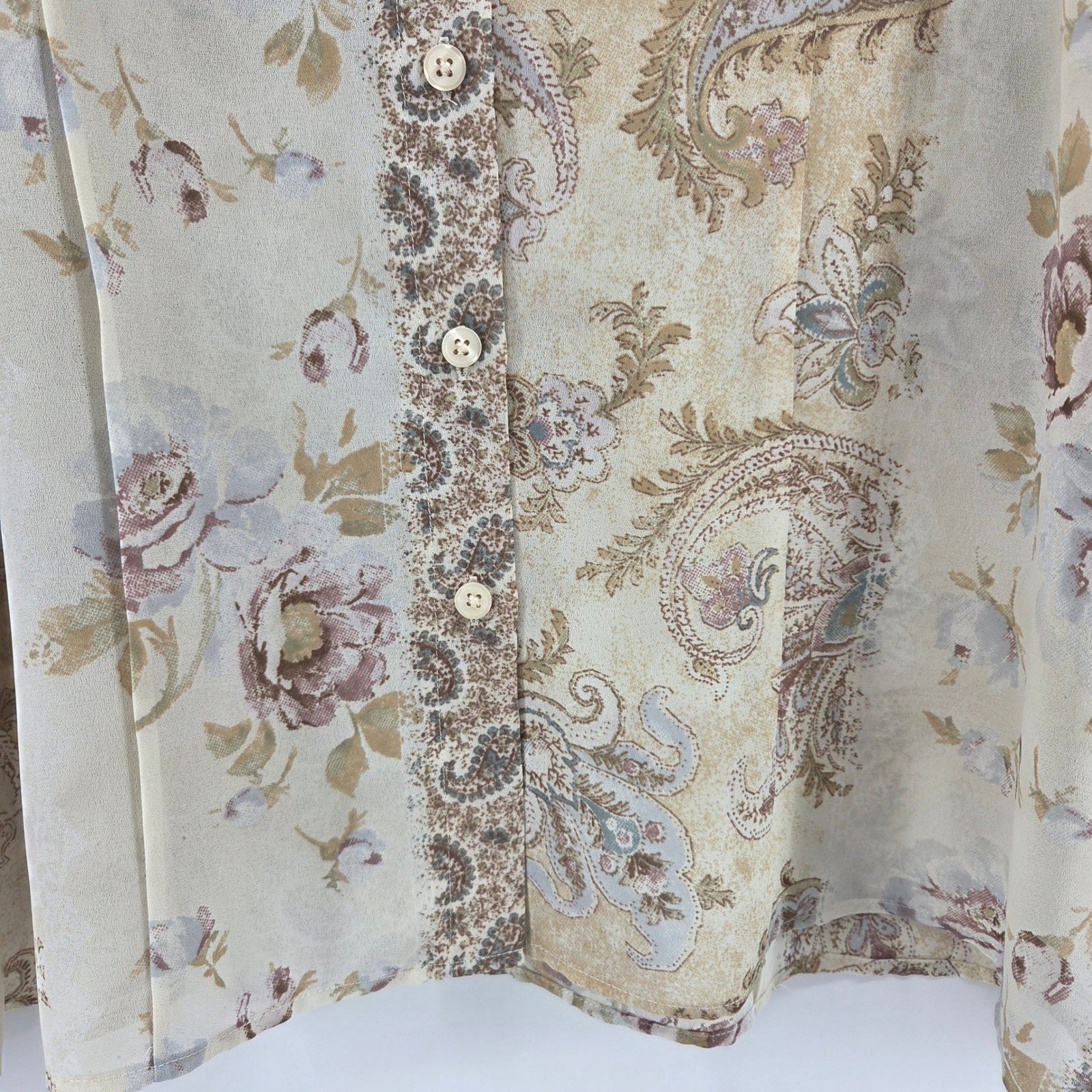 Van Heusen Blouse Large Tan Floral Paisley Vintage Boho Cottagecore Academic