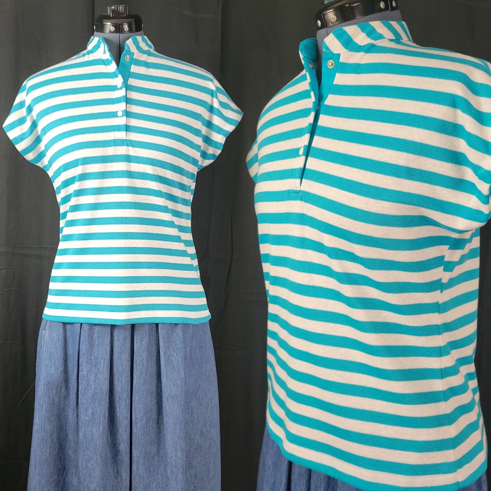 Vintage Koret Turquoise Blue & White Striped Top w Snap Neckline Size M