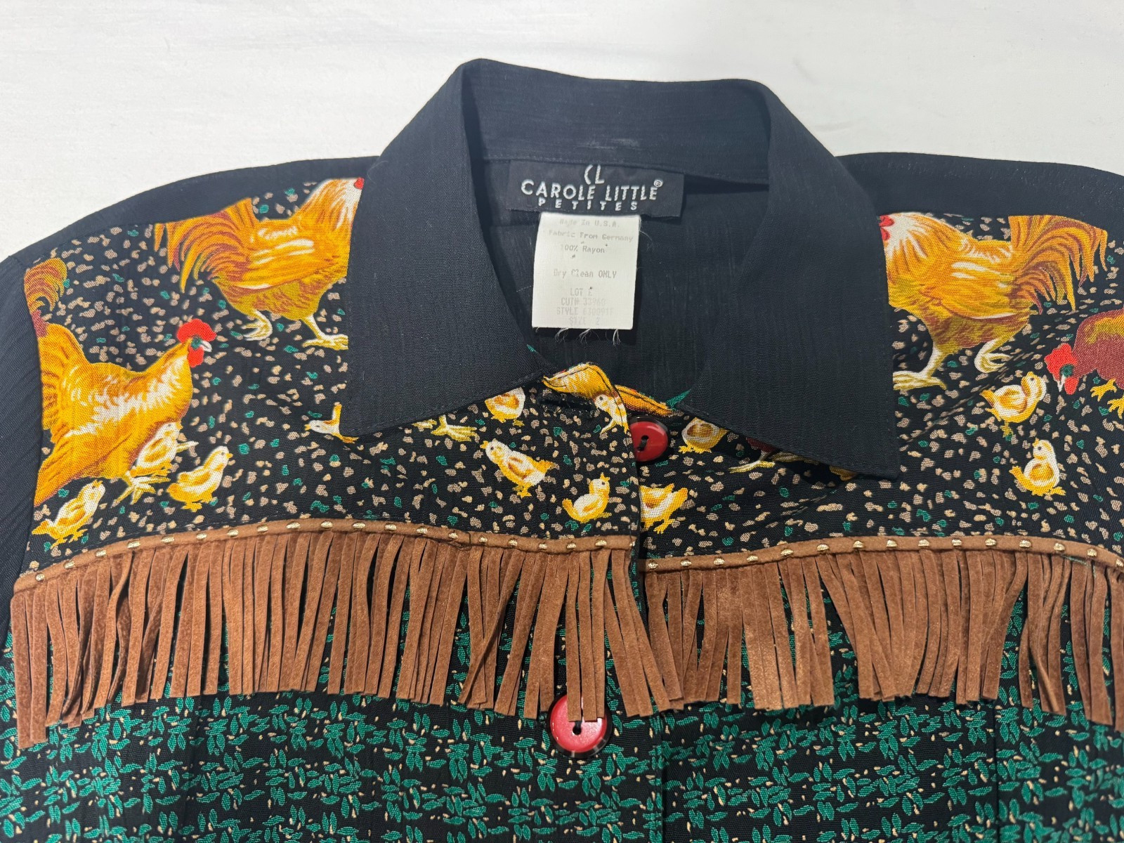 Vtg 90s Button Jacket Top Western Ranch Fringe Chickens Roosters Sz 2 USA Rayon