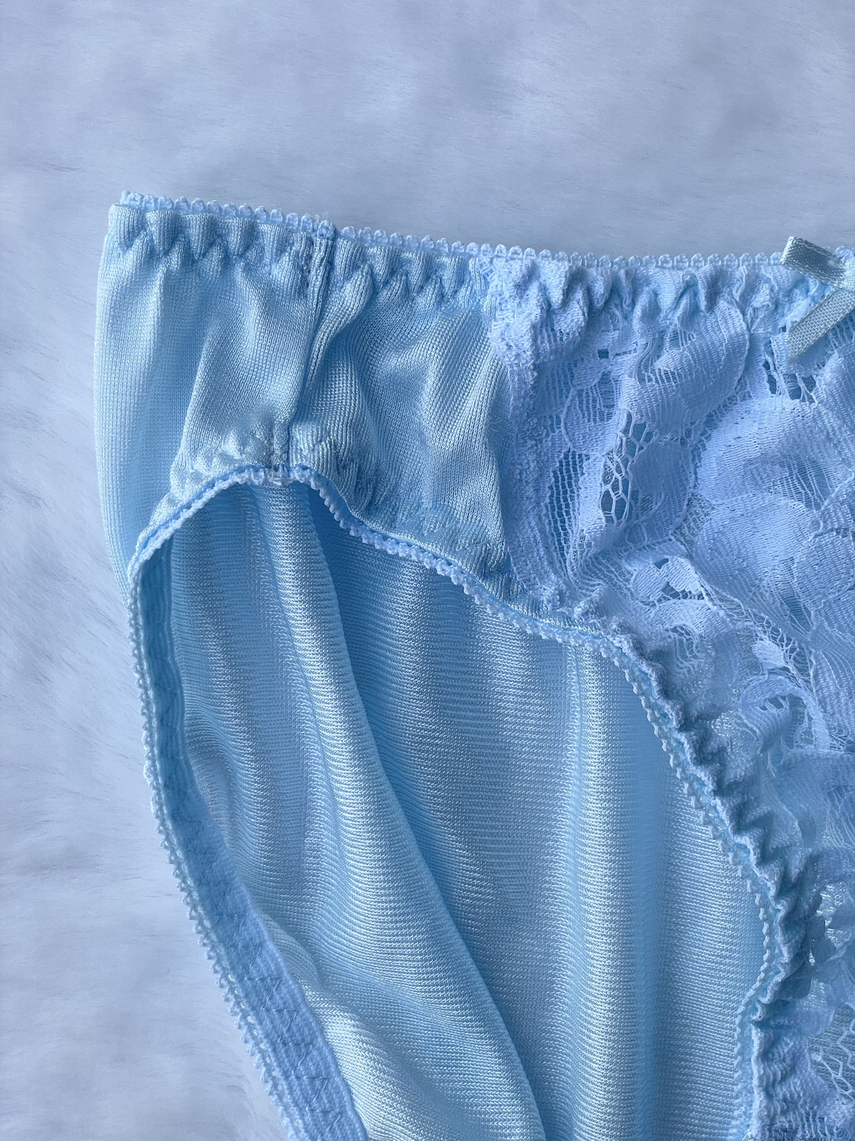 Vtg Slippery Powder Blue Nylon Panty Sheer Lace Hi Cut Briefs SZ.5-6 Hip 35-38″