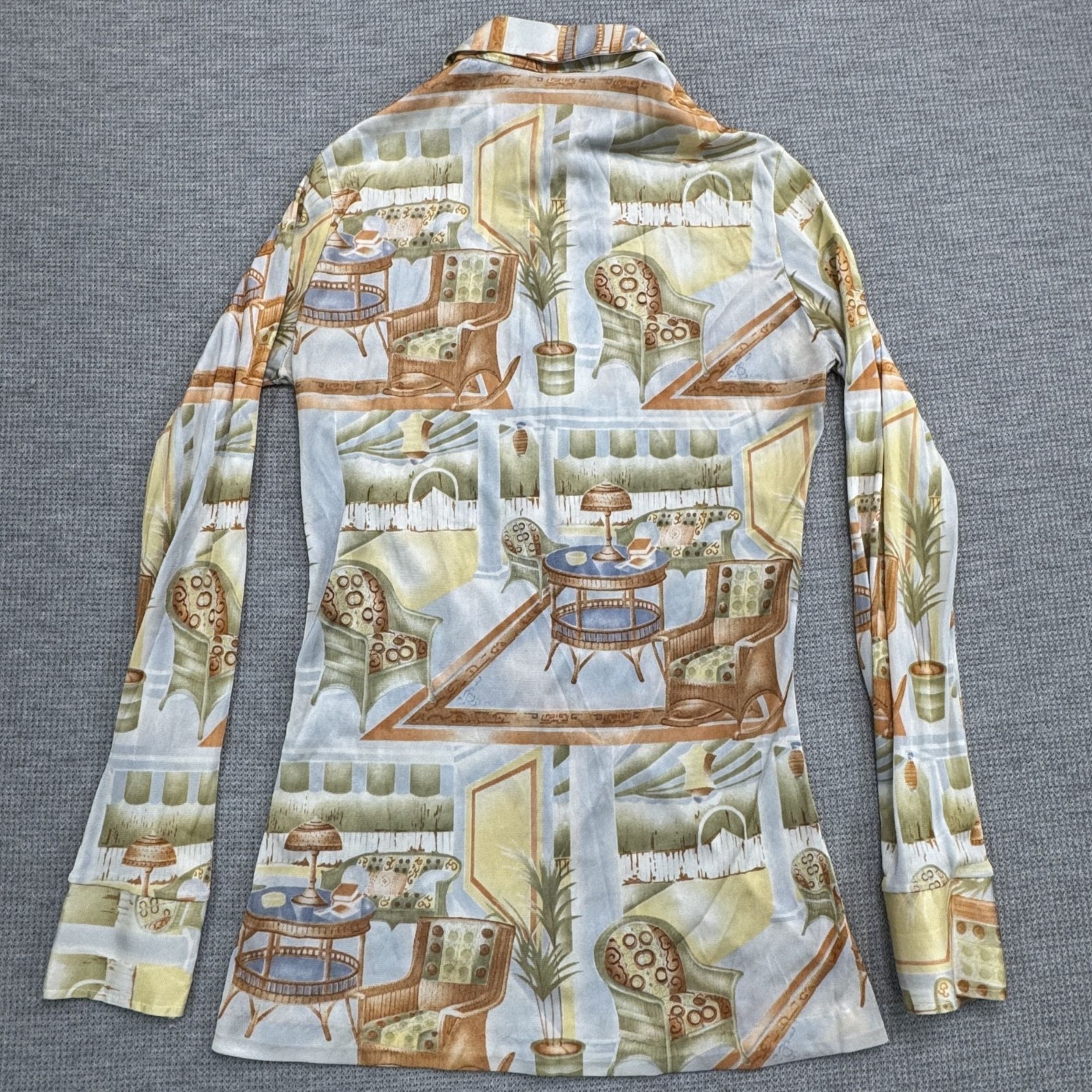 Vintage 70s Long Sleeve Collared Shirt With Retro Interior Design Print Size 7/8